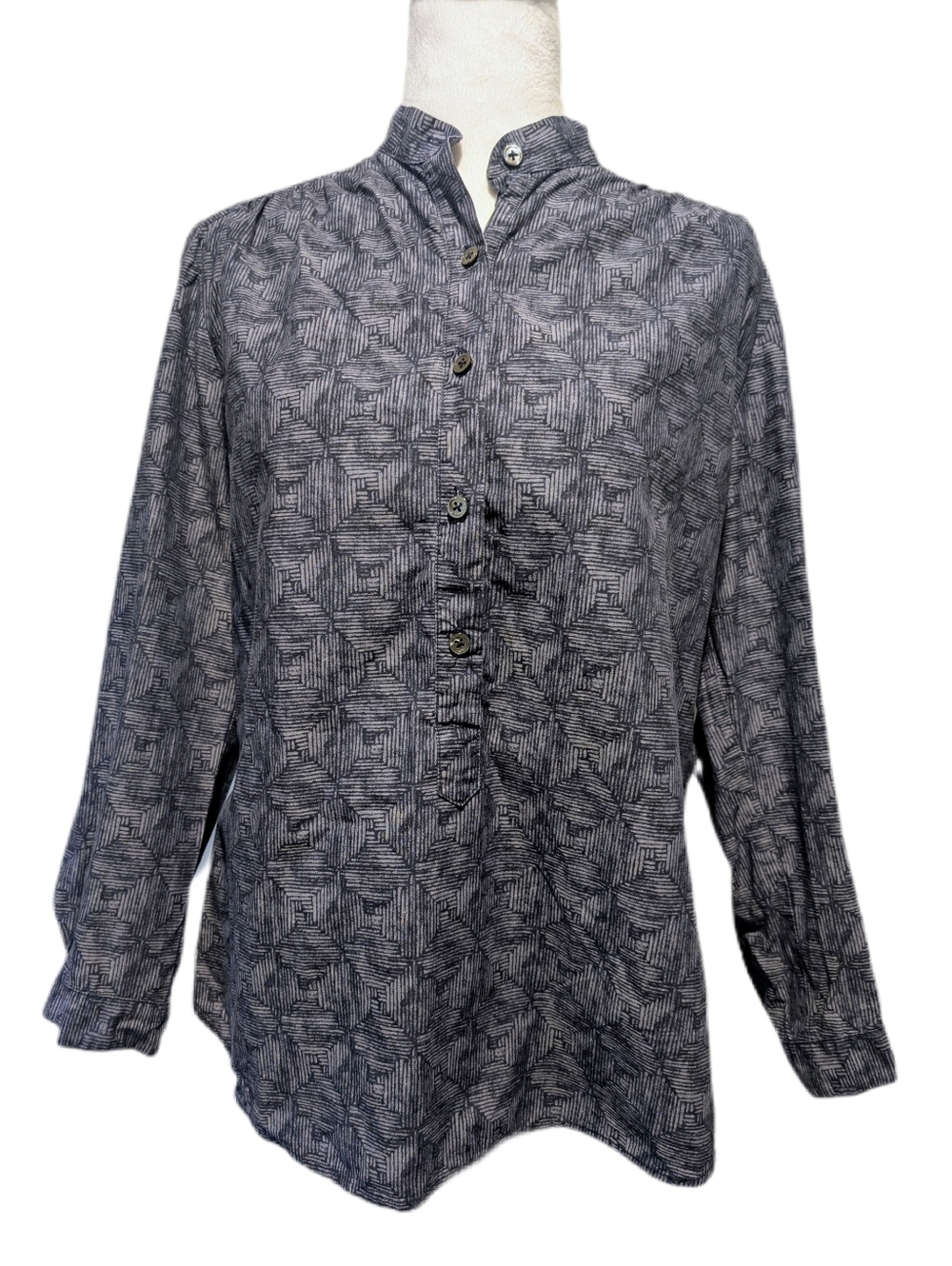Mercy Women's Indigo Long-sleeved Button down Mandarin Collar Cotton Blouse -8-